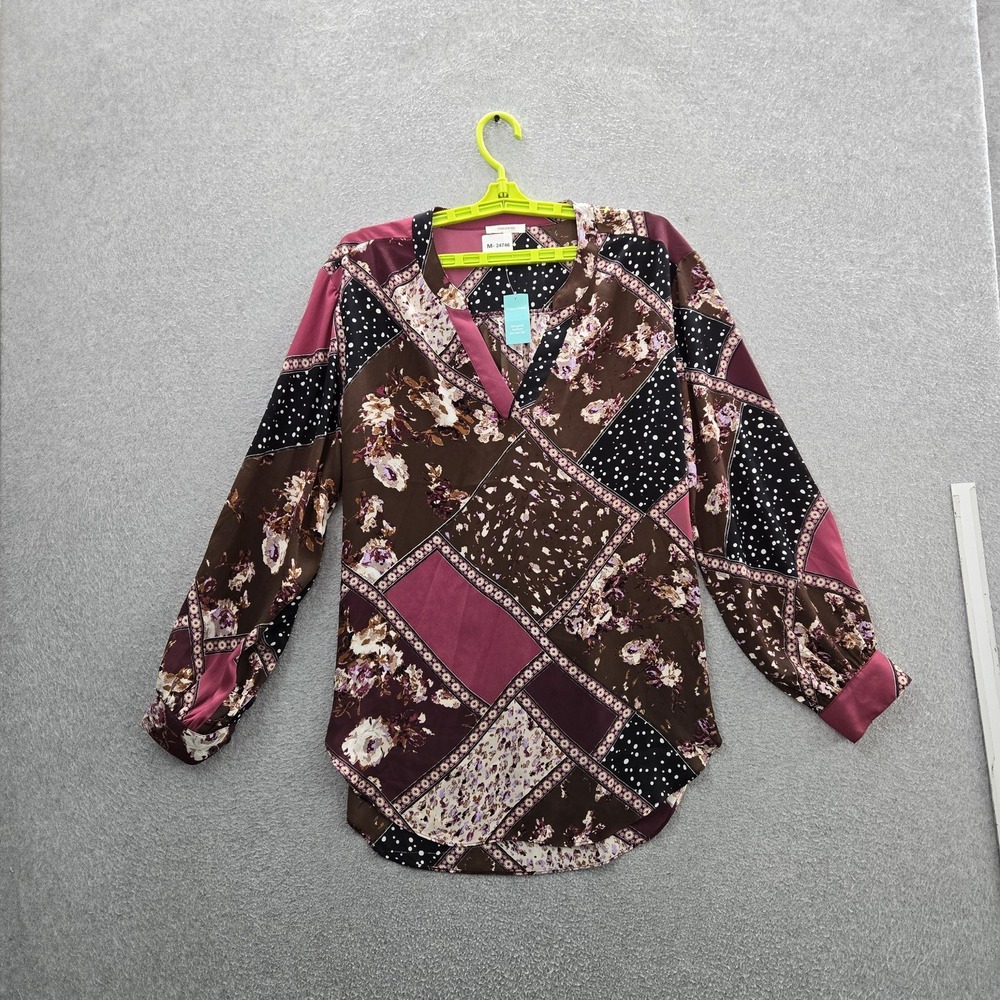 Maurices Women Blouse L Brown Floral Button V-Neck Front Artsy Abstract Office